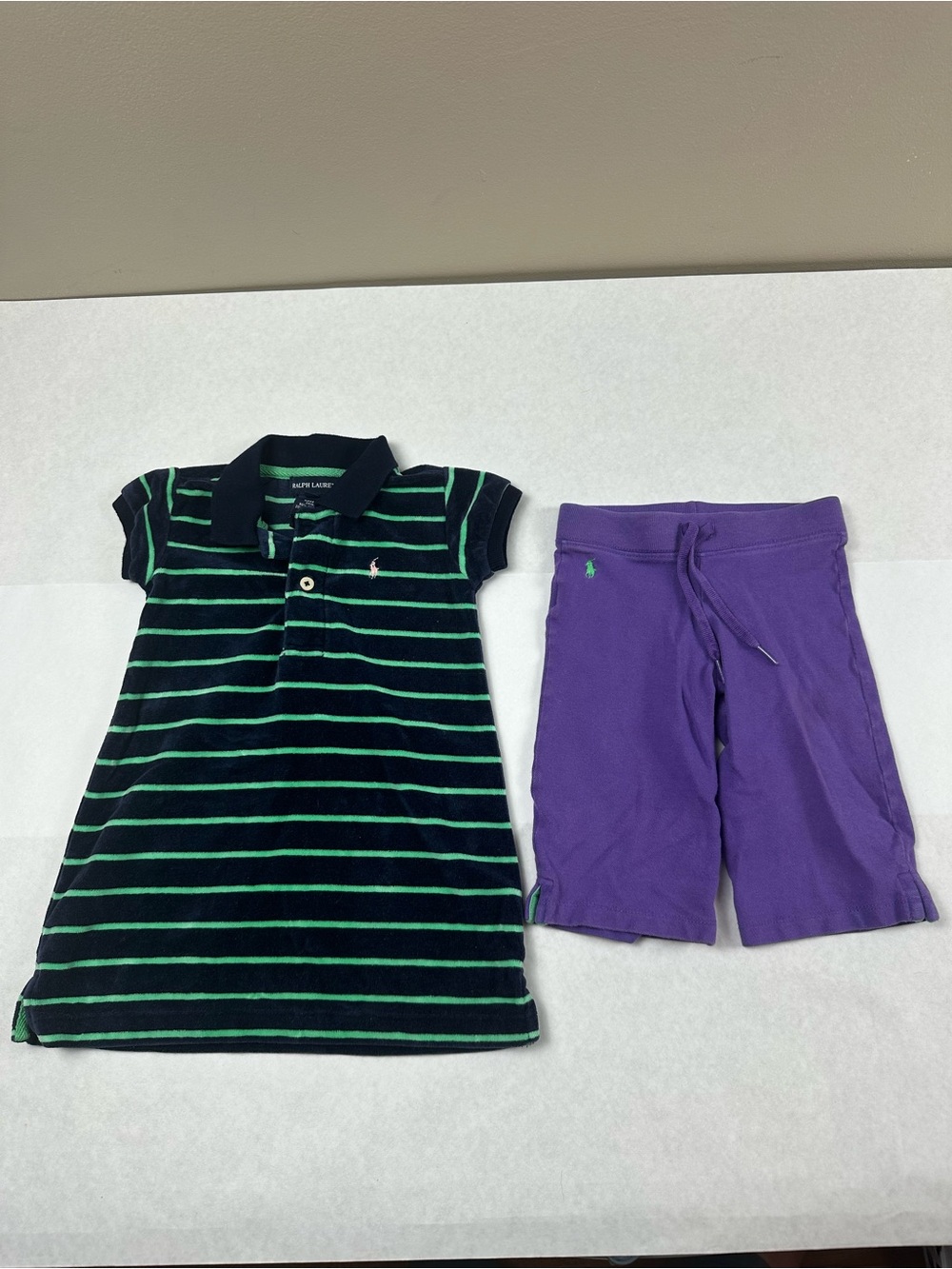Ralph Lauren Girls' Navy & Green Striped Polo Dress with Purple Capris